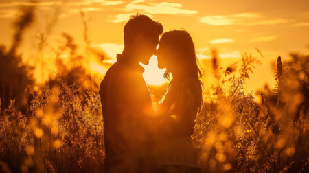 Silhouette of a young couple kissing in the field at sunsetの素材