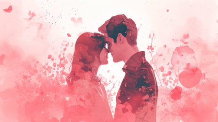 Double exposure of bride and groom kissing on white background with watercolor splashの素材
