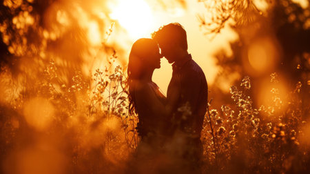 Young couple in love kissing and embracing in the field at sunset.の素材