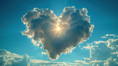 Heart shaped cloud with sun rays on blue sky background. Love conceptの素材