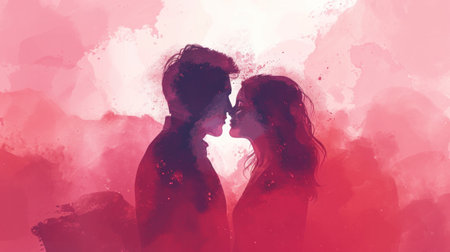 Silhouette of a loving couple in love on a watercolor backgroundの素材