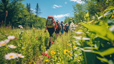 Group of hikers with backpacks walking through the green meadow in summerの素材