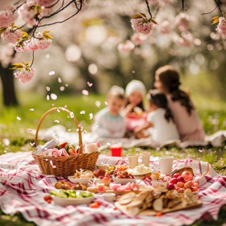 Beautiful family picnic in the spring garden. Mother, father and daughter having fun outdoors.の素材