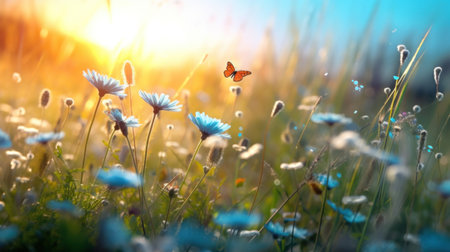 Beautiful summer meadow with daisies and butterflies at sunsetの素材