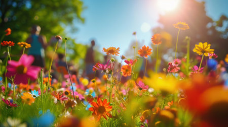 Colorful flowers in the meadow on a sunny day. Nature backgroundの素材