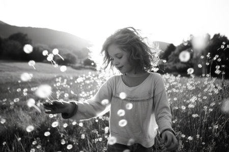 Little girl playing with dandelions. Black and white photo.の素材