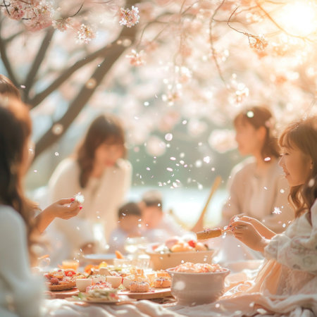 Cute little girl and her family having picnic in spring garden.の素材