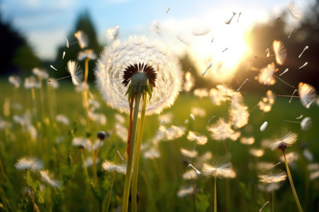 Dandelion on a meadow in the rays of the setting sunの素材
