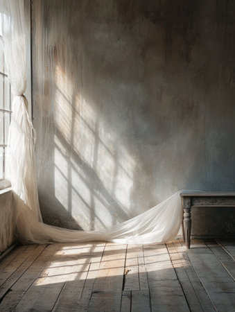 Interior of an old room with a window, chair and curtainsの素材