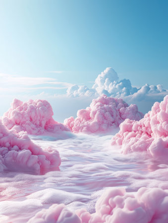 Fantasy landscape with pink clouds and blue sky. 3d illustrationの素材