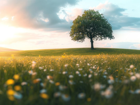 Lonely tree on the meadow with daisies at sunsetの素材