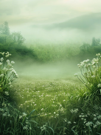 Morning fog in the meadow. Beautiful summer landscape with wild flowersの素材