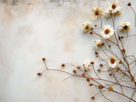 Dry flowers on grunge background. Flat lay, top viewの素材
