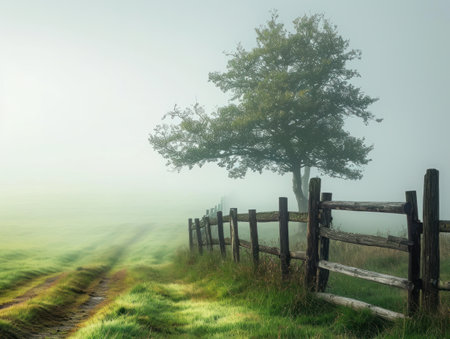 Country road in a misty landscape with a tree in the foregroundの素材