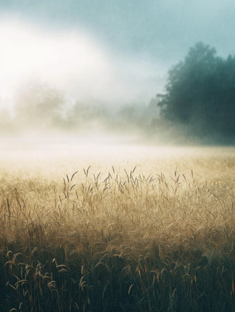Meadow in a foggy morning at sunrise. Landscape.の素材