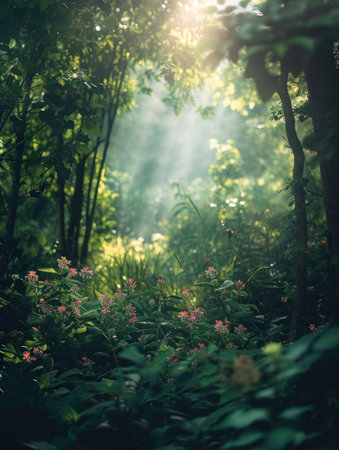 Beautiful forest with sunbeams and lens flare. Nature backgroundの素材