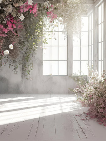 White room with pink flowers and a large window. 3d renderingの素材