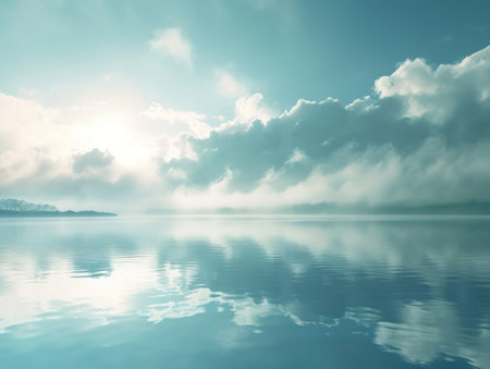 Beautiful seascape with blue sky and clouds reflected in waterの素材