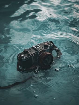 Old vintage photo camera on a background of blue water in the rainの素材