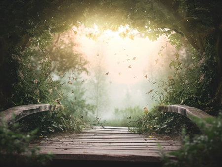 Wooden bridge in the morning misty forest. Nature background.の素材