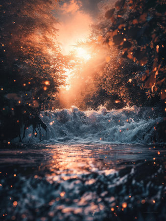 Streams of water in a beautiful forest at sunset. Toned.の素材