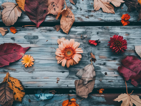 Autumn leaves and flowers on a wooden background. Autumn background.の素材
