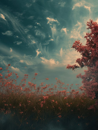 Landscape with red flowers and sky with clouds, vintage style.の素材