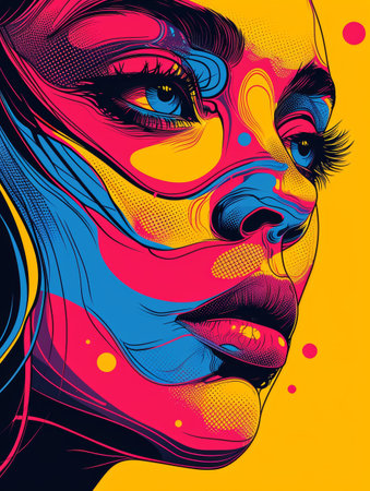 Beautiful woman face in colorful pop art style. Vector illustration.の素材