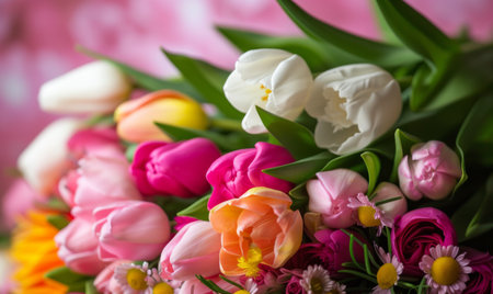 Beautiful bouquet of tulips on blurred background, closeupの素材