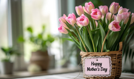 Bouquet of pink tulips in a wicker basket on the windowsill with a greeting card.の素材
