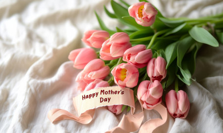 Bouquet of pink tulips and a card with the inscription Happy Mother's Dayの素材