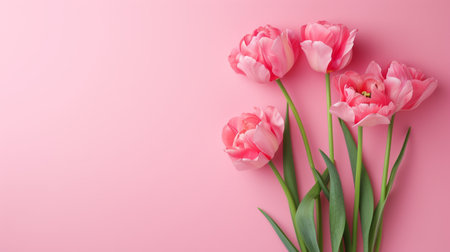 Bouquet of pink tulips on a pink background. Top view.の素材