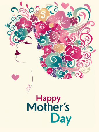 Happy Mother's Day card with beautiful woman and flowers. Vector illustration.の素材