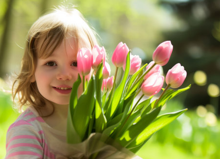Cute little girl with tulips outdoors on sunny day. Spring holidaysの素材