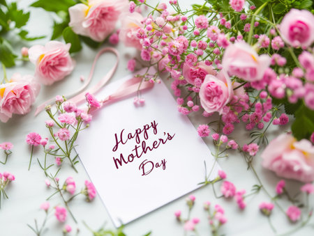 Mother's Day card with pink flowers and petals on white backgroundの素材