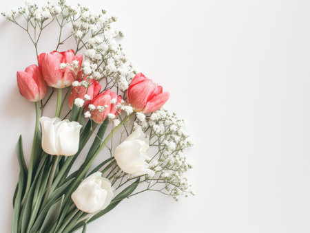 Bouquet of tulips and gypsophila on white backgroundの素材