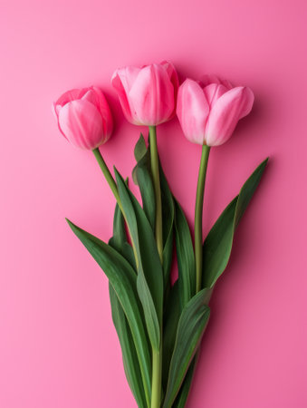 Bouquet of pink tulips on pink background. Flat lay, top viewの素材