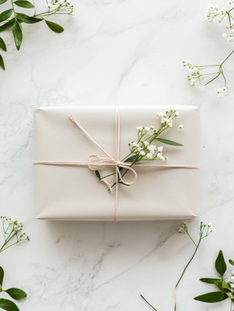 Gift box with white gypsophila flowersle backgroundの素材