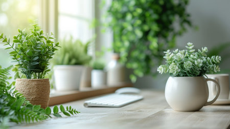 Home office workspace with computer keyboard and green plant in vase on wooden tableの素材