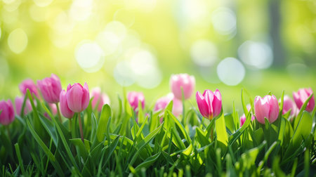 Pink tulips on green grass with bokeh background, selective focusの素材