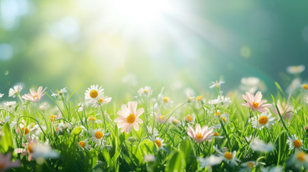 Spring meadow with daisies and sun rays. Nature backgroundの素材