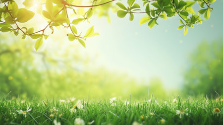 Spring nature background with green grass, flowers and bokeh.の素材