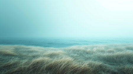 Foggy landscape with grass on the seashore. 3d renderingの素材