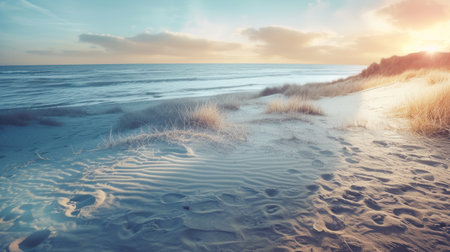 Baltic sea shore at sunset. Dramatic sky, glowing clouds. Idyllic seascape. Nature, environment, ecology, climate change, ecotourism. Panoramic viewの素材