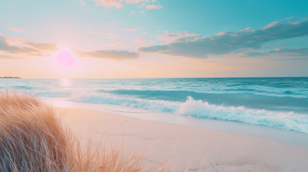 Beautiful seascape at sunset. Panoramic view of the sandy beach.の素材