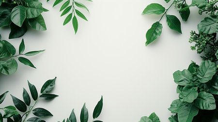 Creative layout made of green leaves on white background. Flat lay, top view minimal nature concept.の素材