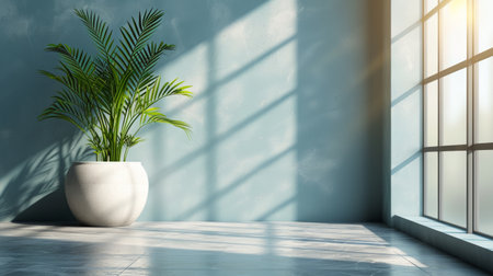 Green plant in a white pot on the windowsill. 3d renderingの素材