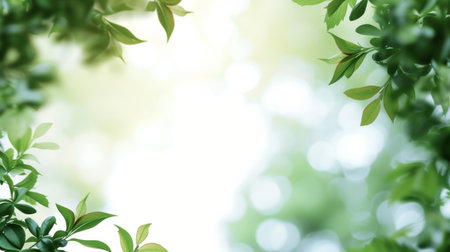 green leaves on blurred greenery background with bokeh and sunlightの素材