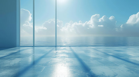 3d render of empty room with sea view and blue sky backgroundの素材