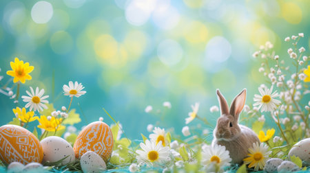 Easter bunny and easter eggs on green background with daisiesの素材